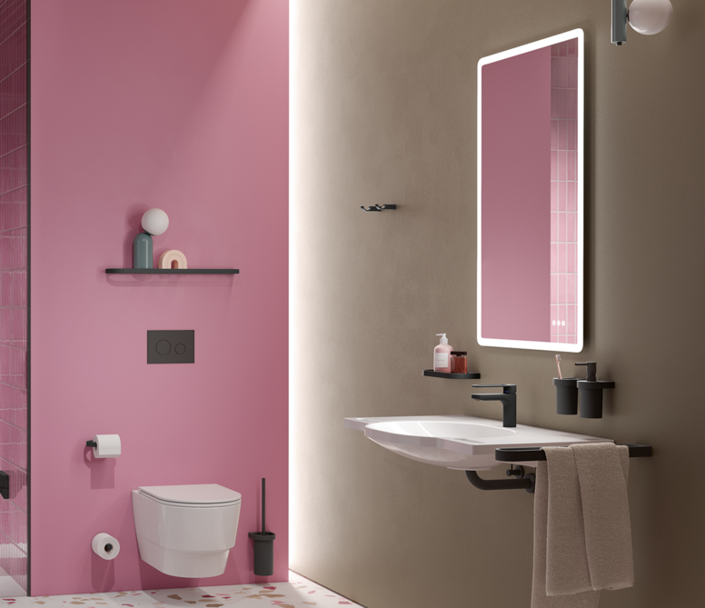 HEWI Système 800 noir mat Salle de bain avec lavabo, espace douche et WC