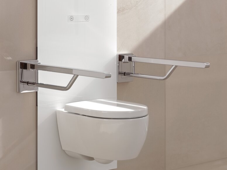 Height-adjustable WC module with folding support handle