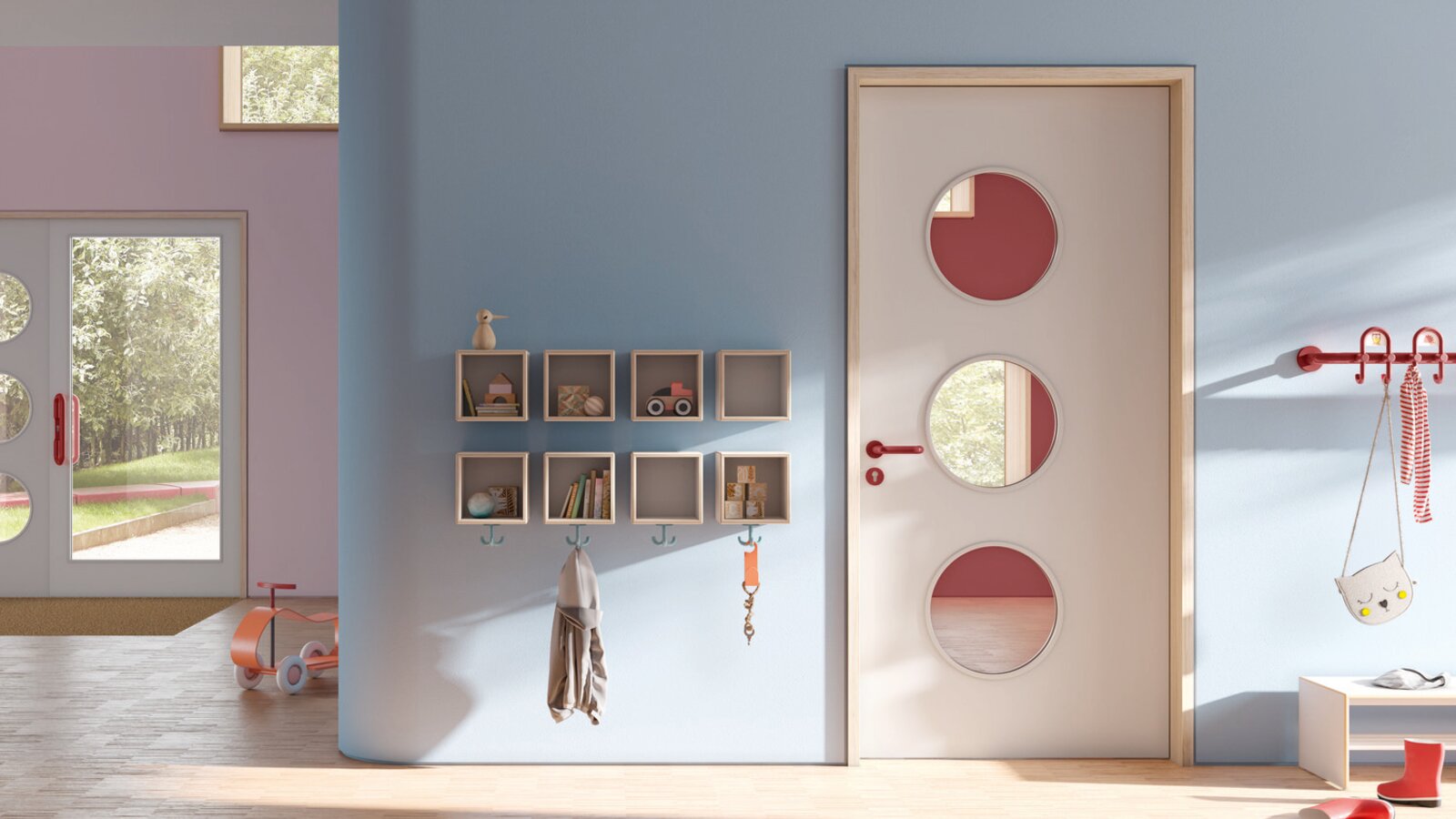Colorful kindergarten equipped with HEWI fittings, wardrobe and furniture